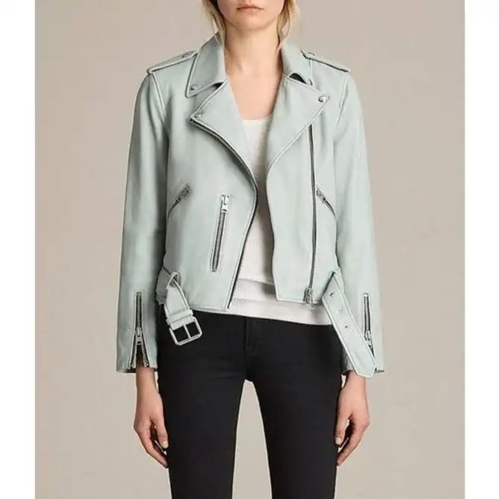 All Saints Suede Balfern Biker Jacket in Luna Blue